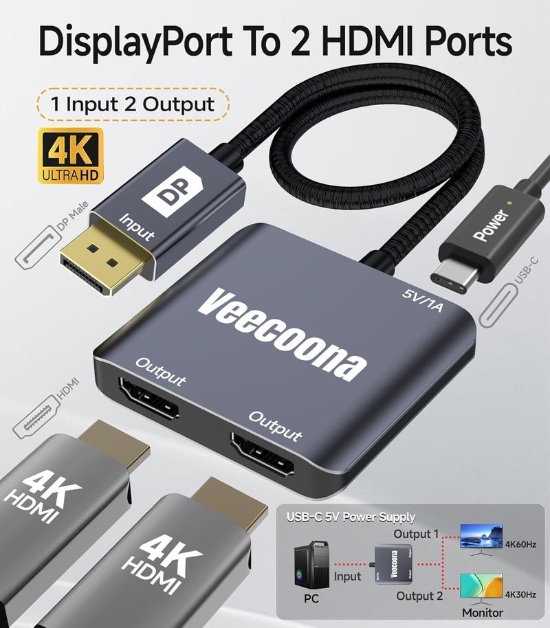 Veecoona DisplayPort to Dual HDMI Adapter 1 in 2 Out | 4K60Hz, DP Source to HDMI Splitter Extended Display port splitter for Dual monitors, for Desktop,Laptop,NVIDIA, AMD Graphics Card - MACOS Not Support MST - Image 2